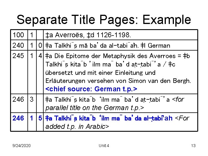 Separate Title Pages: Example 100 1 ‡a Averroës, ‡d 1126 -1198. 240 1 0