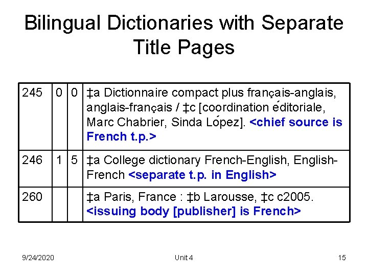 Bilingual Dictionaries with Separate Title Pages 245 0 0 ‡a Dictionnaire compact plus français-anglais,