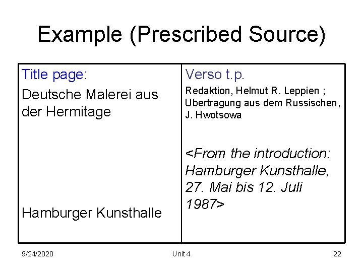 Example (Prescribed Source) Title page: Deutsche Malerei aus der Hermitage Hamburger Kunsthalle 9/24/2020 Verso