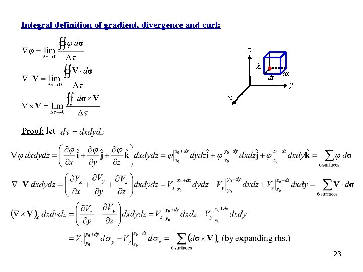 Integral definition of gradient, divergence and curl: z dz dy dx y x Proof: