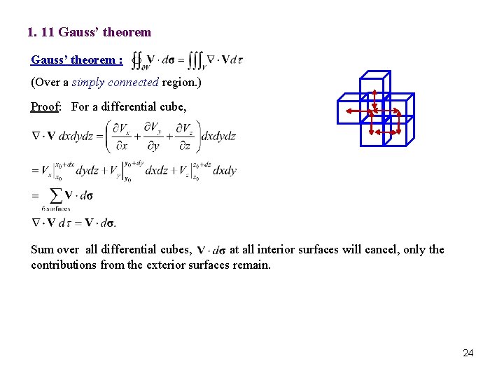 1. 11 Gauss’ theorem : (Over a simply connected region. ) Proof: For a