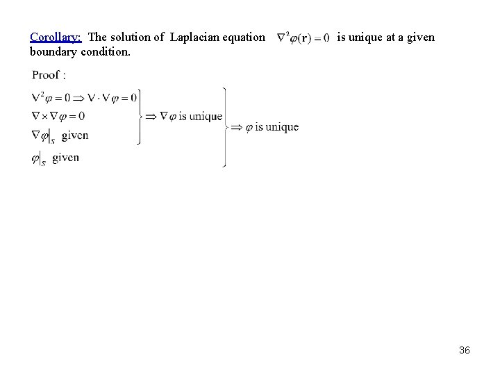 Corollary: The solution of Laplacian equation boundary condition. is unique at a given 36