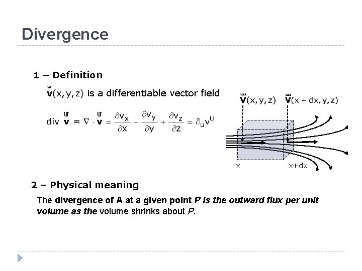Divergence 1 – Definition is a differentiable vector field x x+dx 2 – Physical
