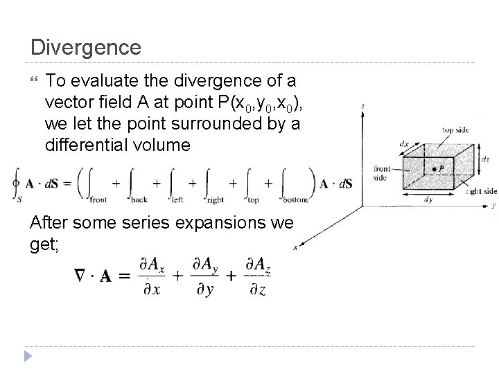 Divergence To evaluate the divergence of a vector field A at point P(x 0,