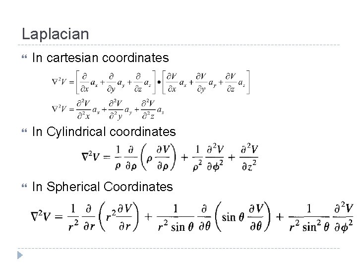 Laplacian In cartesian coordinates In Cylindrical coordinates In Spherical Coordinates 