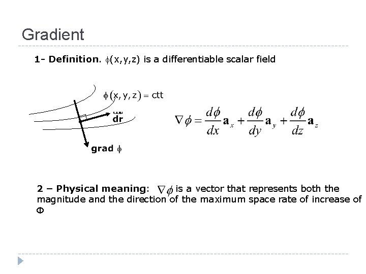 Gradient 1 - Definition. f(x, y, z) is a differentiable scalar field 2 –