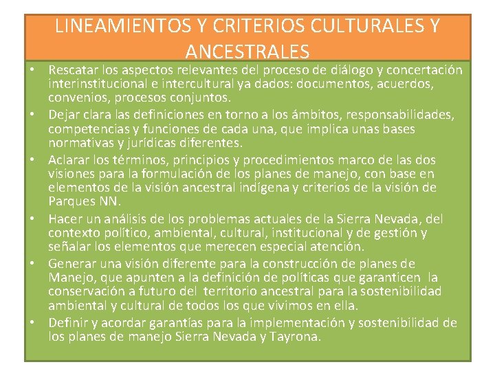 LINEAMIENTOS Y CRITERIOS CULTURALES Y ANCESTRALES • Rescatar los aspectos relevantes del proceso de