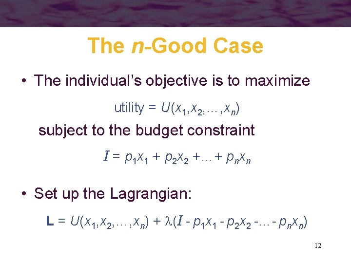 The n-Good Case • The individual’s objective is to maximize utility = U(x 1,