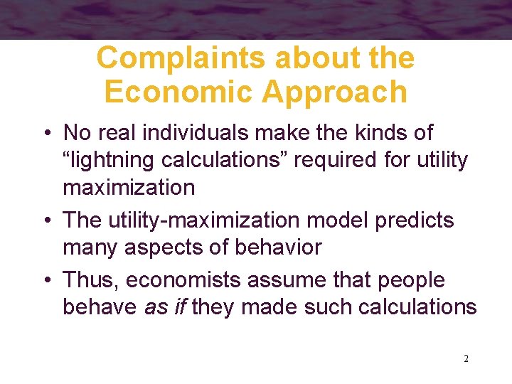 Complaints about the Economic Approach • No real individuals make the kinds of “lightning