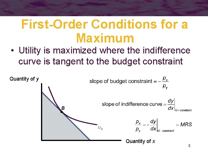 First-Order Conditions for a Maximum • Utility is maximized where the indifference curve is