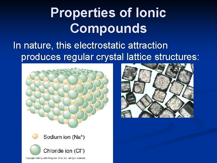 Properties of Ionic Compounds In nature, this electrostatic attraction produces regular crystal lattice structures: