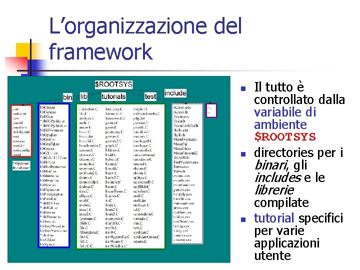 L’organizzazione del framework n n Il tutto è controllato dalla variabile di ambiente $ROOTSYS