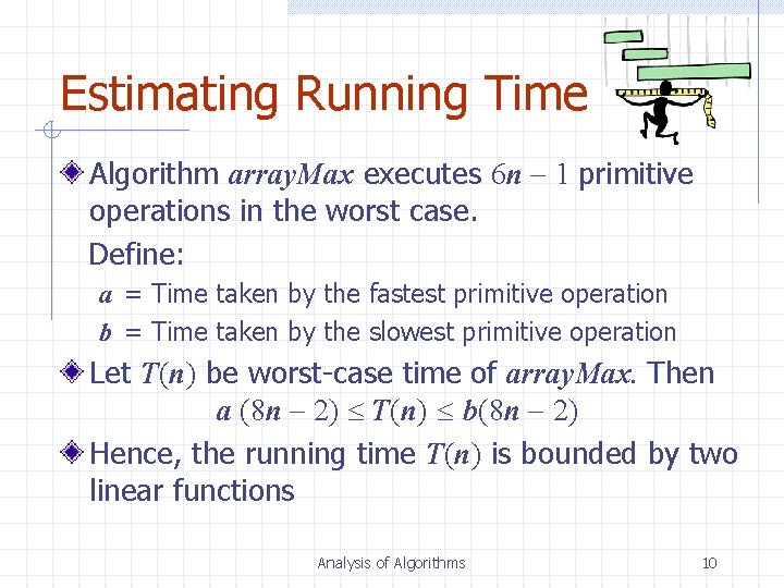Estimating Running Time Algorithm array. Max executes 6 n 1 primitive operations in the