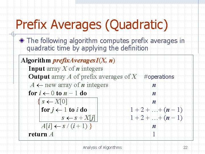 Prefix Averages (Quadratic) The following algorithm computes prefix averages in quadratic time by applying