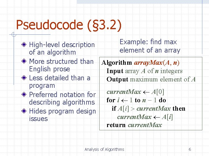 Pseudocode (§ 3. 2) Example: find max High-level description element of an array of