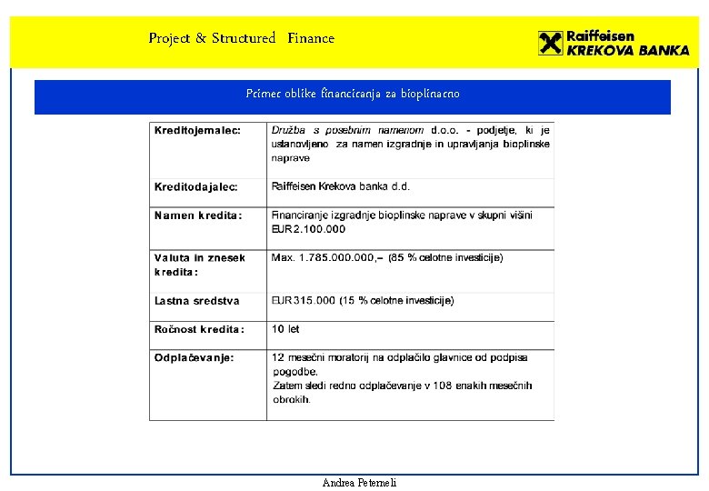 Project & Structured Finance Primer oblike financiranja za bioplinarno Andrea Peterneli 