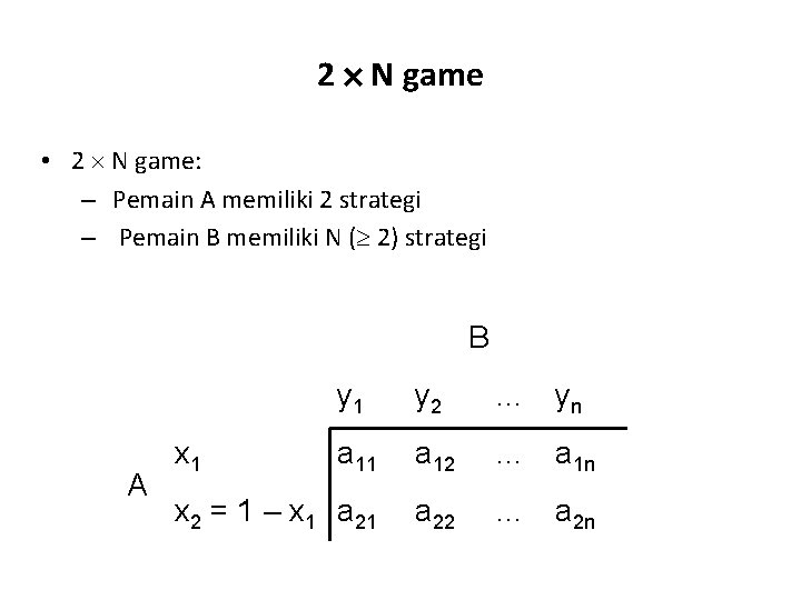 2 N game • 2 N game: – Pemain A memiliki 2 strategi –