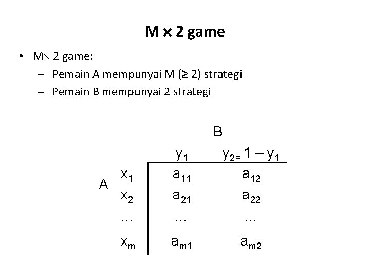 M 2 game • M 2 game: – Pemain A mempunyai M ( 2)