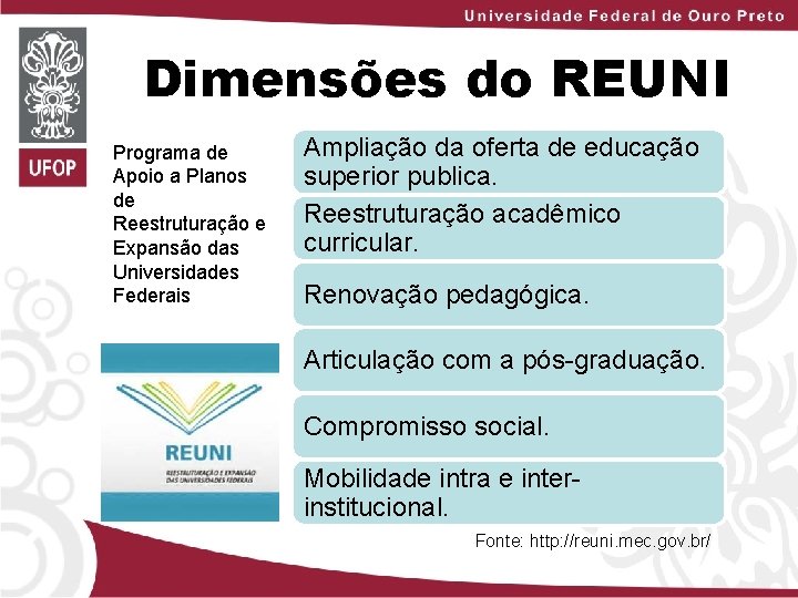 Dimensões do REUNI Programa de Apoio a Planos de Reestruturação e Expansão das Universidades