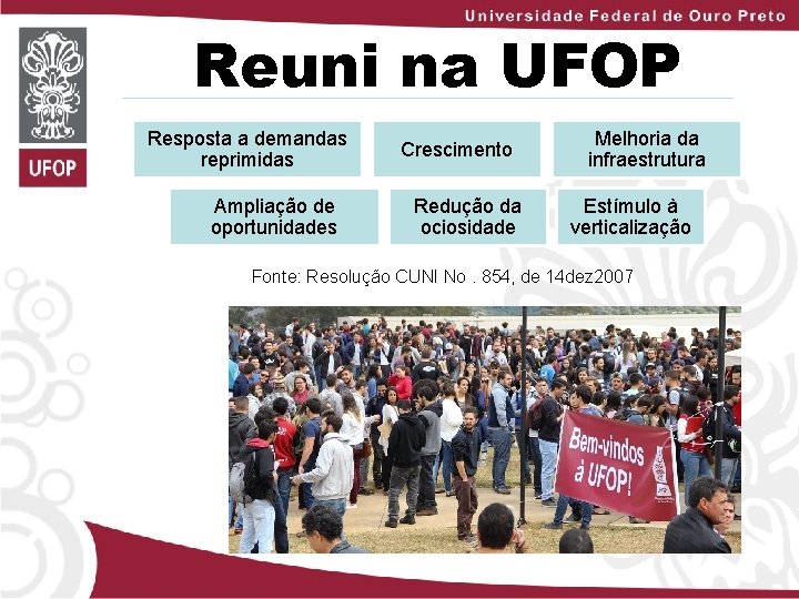 Reuni na UFOP Resposta a demandas reprimidas Ampliação de oportunidades Crescimento Redução da ociosidade