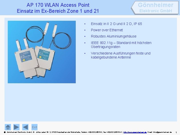 AP 170 WLAN Access Point Einsatz im Ex-Bereich Zone 1 und 21 Gönnheimer Elektronic