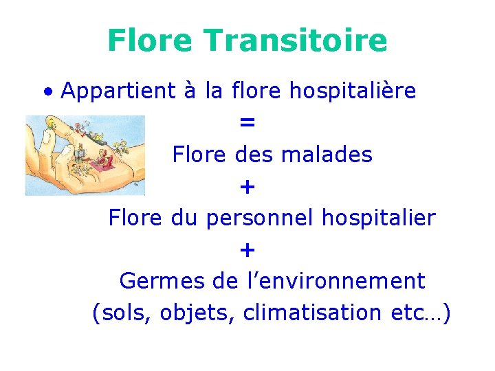 Flore Transitoire • Appartient à la flore hospitalière = Flore des malades + Flore