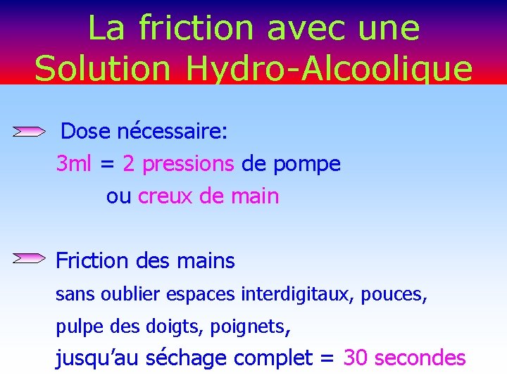 La friction avec une Solution Hydro-Alcoolique Dose nécessaire: 3 ml = 2 pressions de