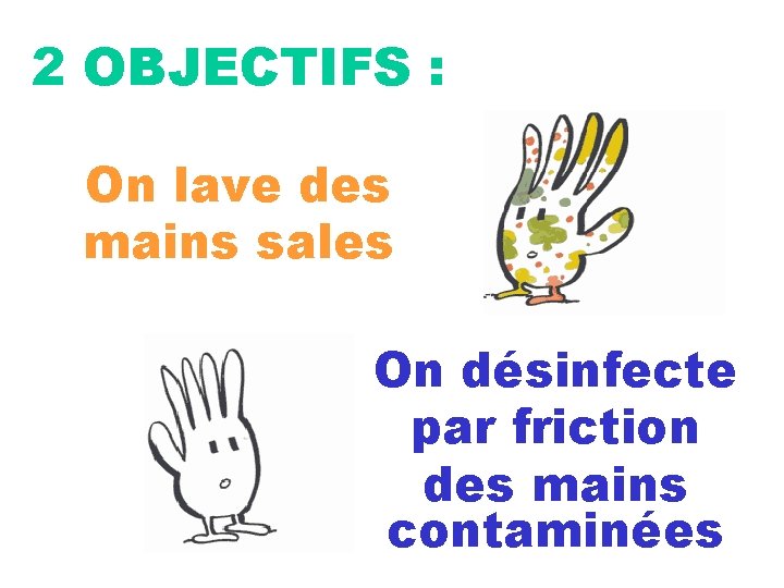 2 OBJECTIFS : On lave des mains sales On désinfecte par friction des mains