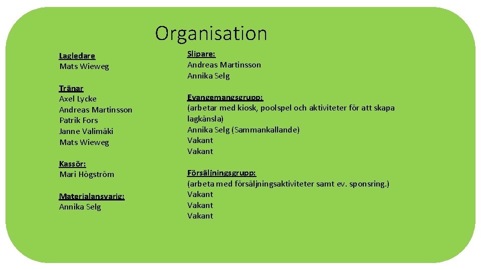 Organisation Lagledare Mats Wieweg Tränar Axel Lycke Andreas Martinsson Patrik Fors Janne Valimäki Mats