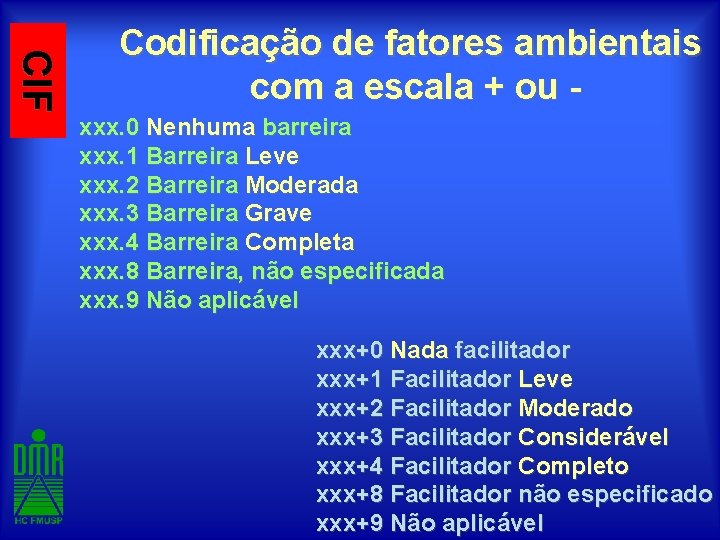 CIF Codificação de fatores ambientais com a escala + ou - xxx. 0 Nenhuma