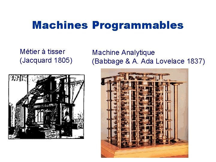 Machines Programmables Métier à tisser (Jacquard 1805) Machine Analytique (Babbage & A. Ada Lovelace