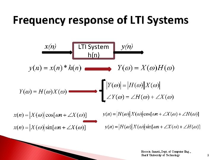 Frequency response of LTI Systems x(n) LTI System h(n) y(n) Hossein Sameti, Dept. of