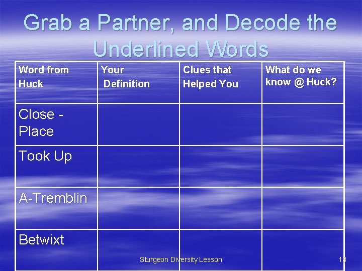 Grab a Partner, and Decode the Underlined Words Word from Huck Your Definition Clues