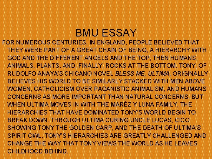 BMU ESSAY FOR NUMEROUS CENTURIES, IN ENGLAND, PEOPLE BELIEVED THAT THEY WERE PART OF