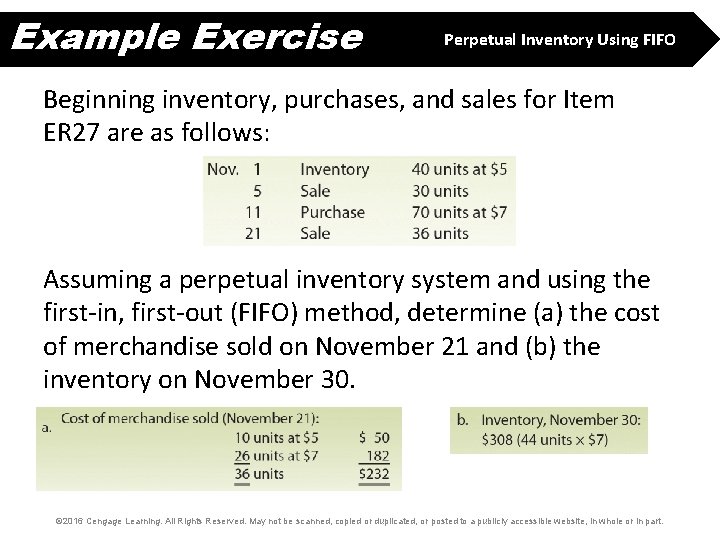 Example Exercise Perpetual Inventory Using FIFO Beginning inventory, purchases, and sales for Item ER