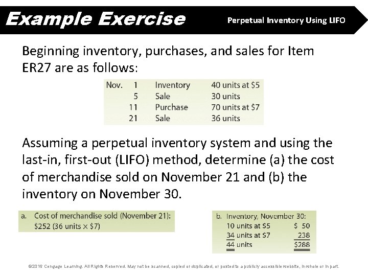 Example Exercise Perpetual Inventory Using LIFO Beginning inventory, purchases, and sales for Item ER