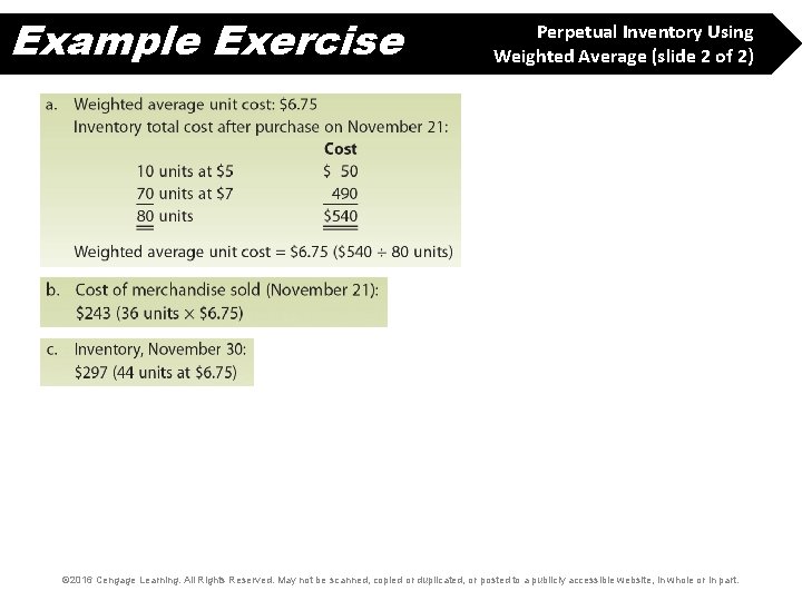 Example Exercise Perpetual Inventory Using Weighted Average (slide 2 of 2) © 2016 Cengage