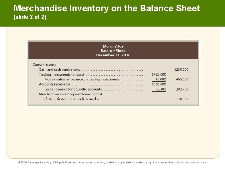 Merchandise Inventory on the Balance Sheet (slide 2 of 2) © 2016 Cengage Learning.