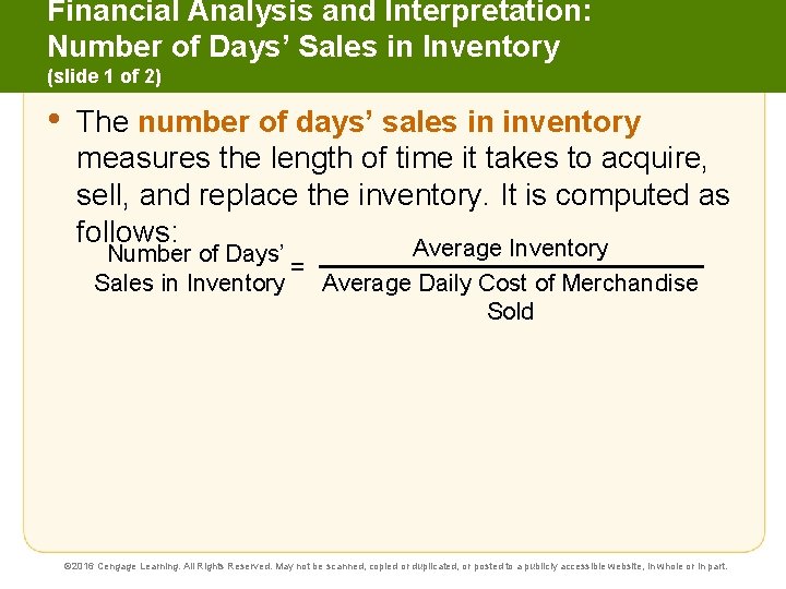 Financial Analysis and Interpretation: Number of Days’ Sales in Inventory (slide 1 of 2)