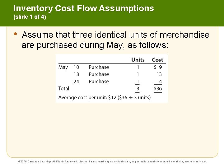 Inventory Cost Flow Assumptions (slide 1 of 4) • Assume that three identical units