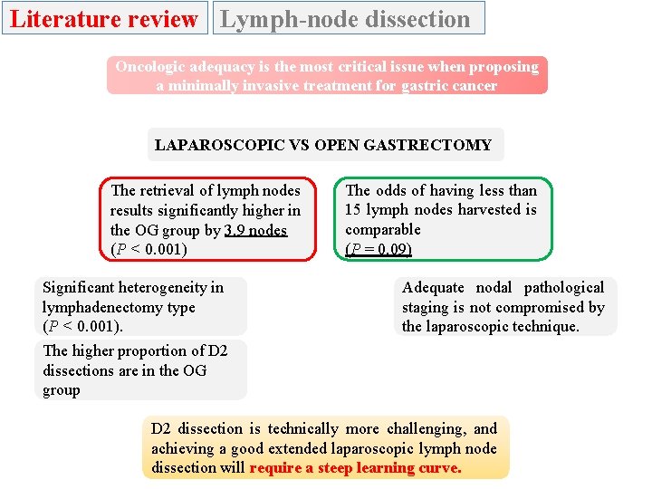 Literature review Lymph-node dissection Oncologic adequacy is the most critical issue when proposing a