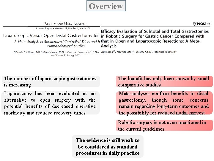 Overview The number of laparoscopic gastrectomies is increasing The benefit has only been shown