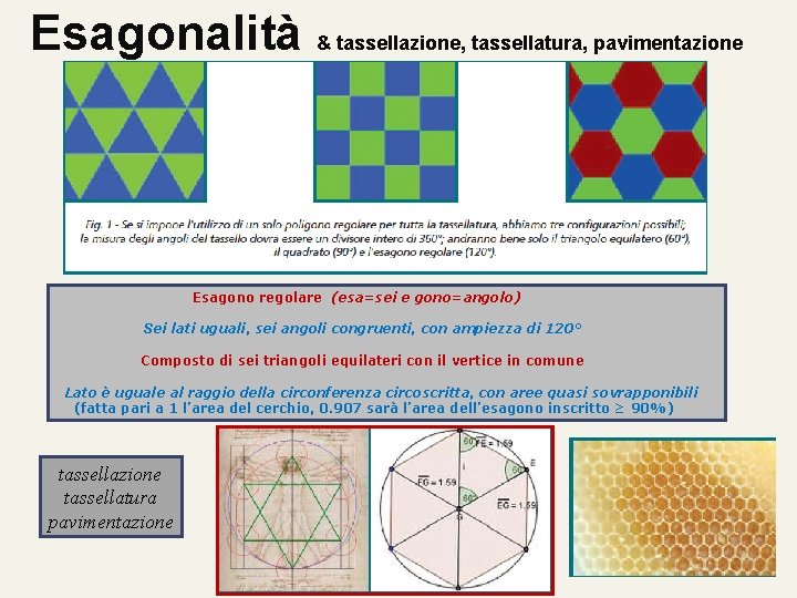 Esagonalità & tassellazione, tassellatura, pavimentazione Esagono regolare (esa=sei e gono=angolo) Sei lati uguali, sei