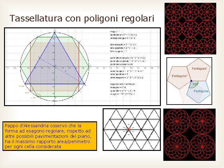 Tassellatura con poligoni regolari Pappo d’Alessandria osservò che la forma ad esagono regolare, rispetto