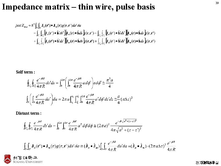 Impedance matrix – thin wire, pulse basis 39 Self term : Distant term :