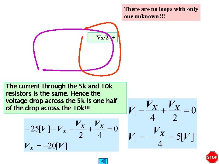 There are no loops with only one unknown!!! - Vx/2 + The current through