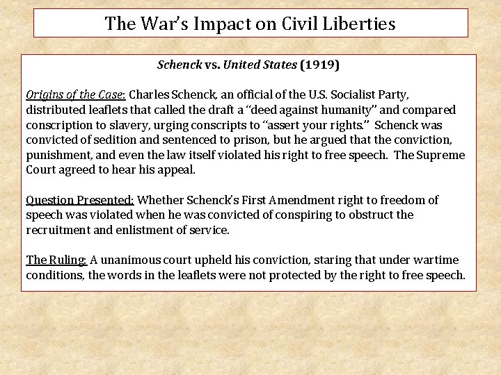 The War’s Impact on Civil Liberties Schenck vs. United States (1919) Origins of the