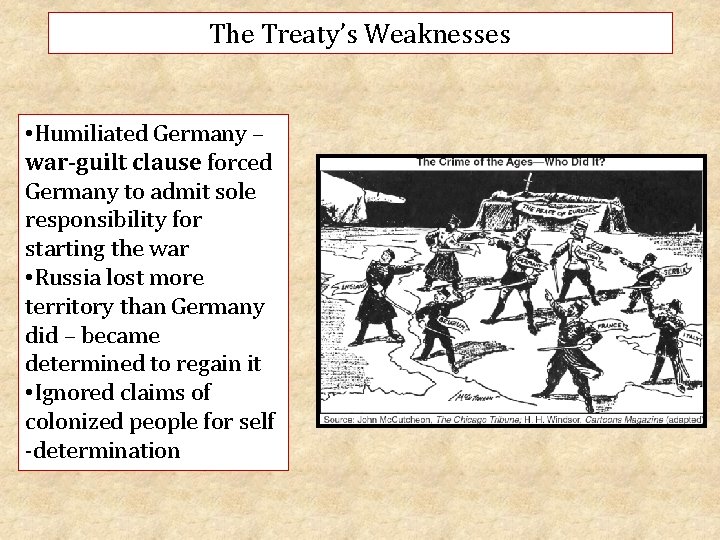 The Treaty’s Weaknesses • Humiliated Germany – war-guilt clause forced Germany to admit sole