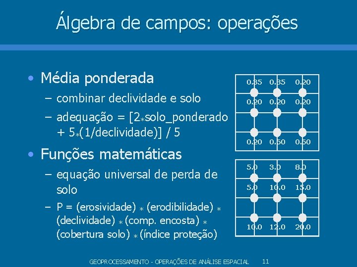 Álgebra de campos: operações • Média ponderada – combinar declividade e solo – adequação Álgebra de campos: operações • Média ponderada – combinar declividade e solo – adequação