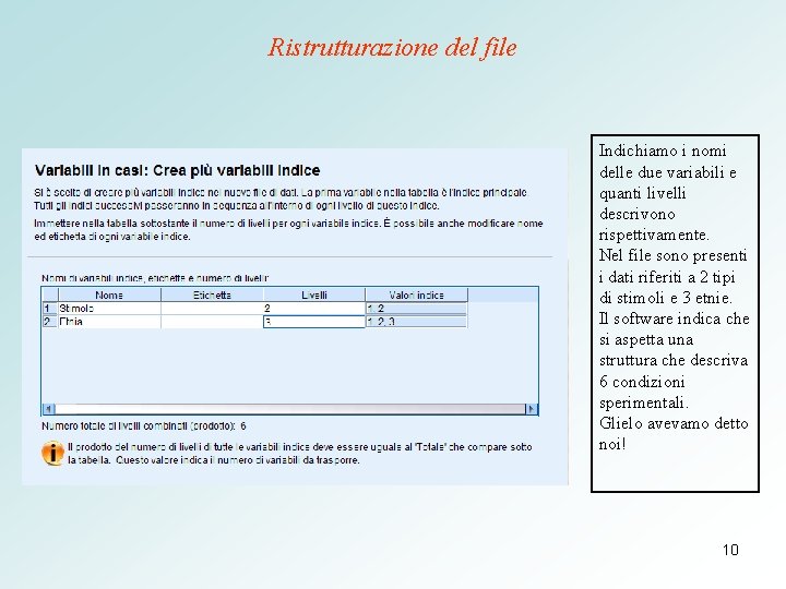 Ristrutturazione del file Indichiamo i nomi delle due variabili e quanti livelli descrivono rispettivamente.